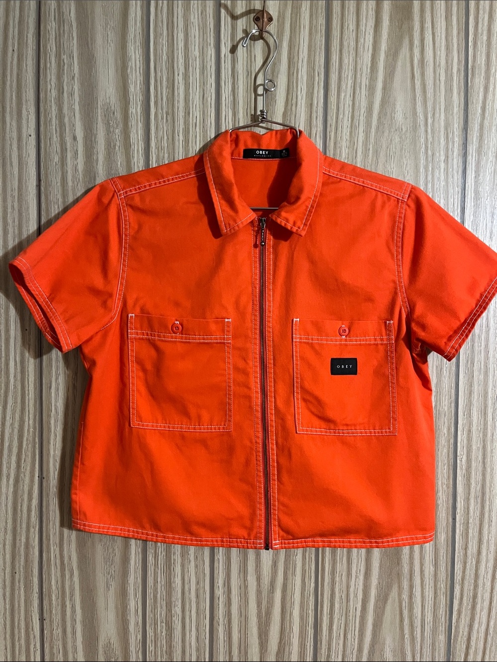 Obey Short Sleeve Zip-Up Work Shirt in Bright Orange